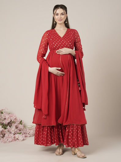 Red Kalidaar Maternity & Nursing Anarkali Gown with Dupatta