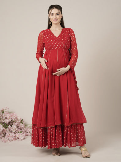 Red Kalidaar Maternity & Nursing Anarkali Gown with Dupatta