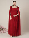 Red Maternity Baby Shower Photoshoot Gown with Cape Sleeves