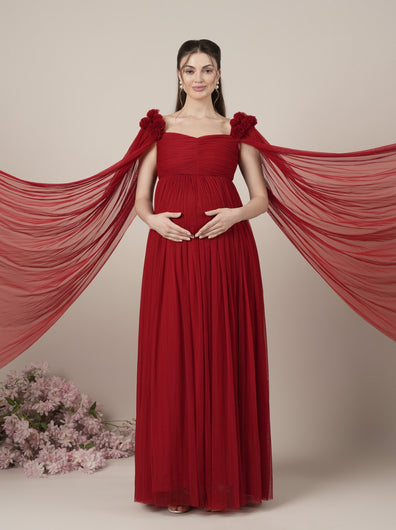 Red Maternity Baby Shower Photoshoot Gown with Cape Sleeves