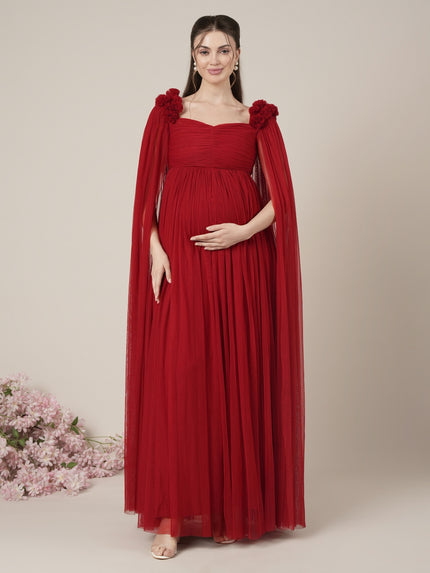 Red Maternity Baby Shower Photoshoot Gown with Cape Sleeves