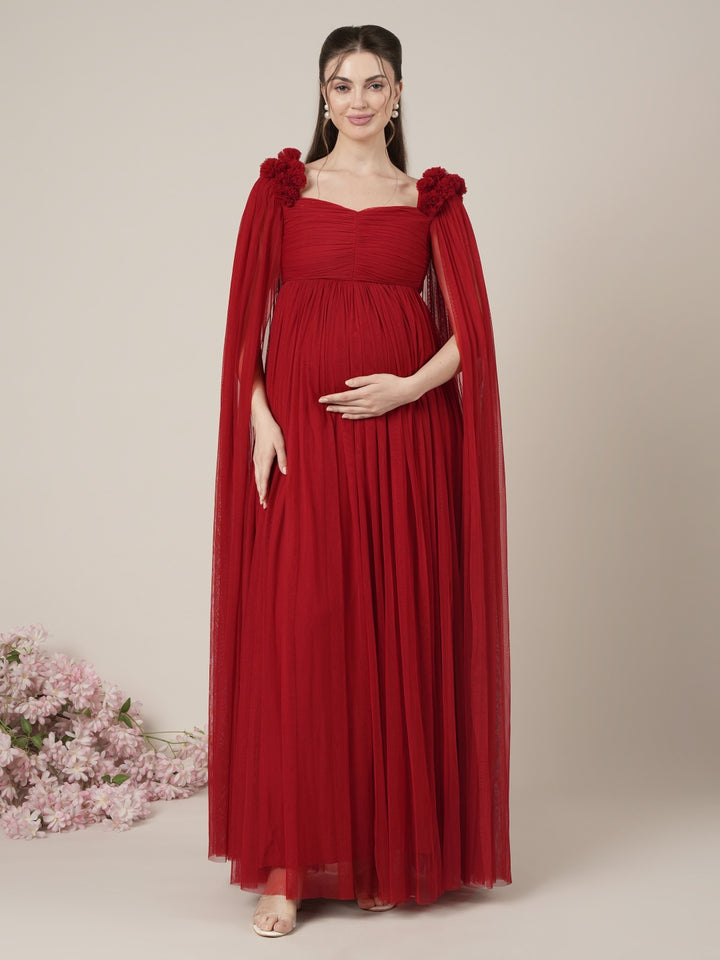 Red Maternity Baby Shower Photoshoot Gown with Cape Sleeves