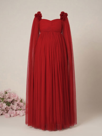 Red Maternity Baby Shower Photoshoot Gown with Cape Sleeves