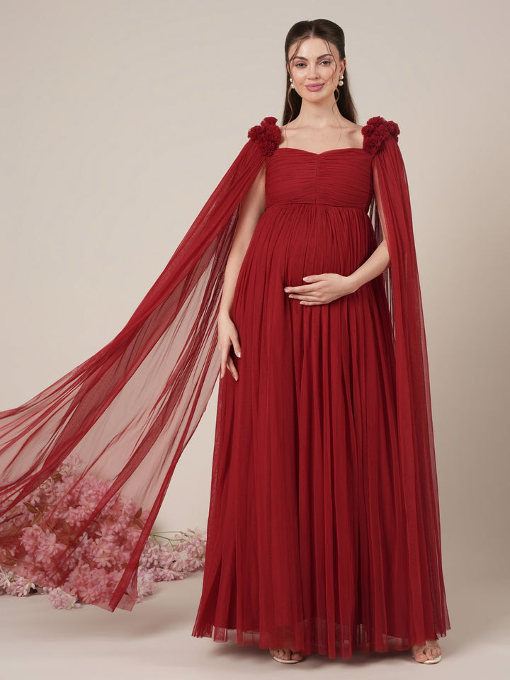 Red Maternity Baby Shower Photoshoot Gown with Cape Sleeves