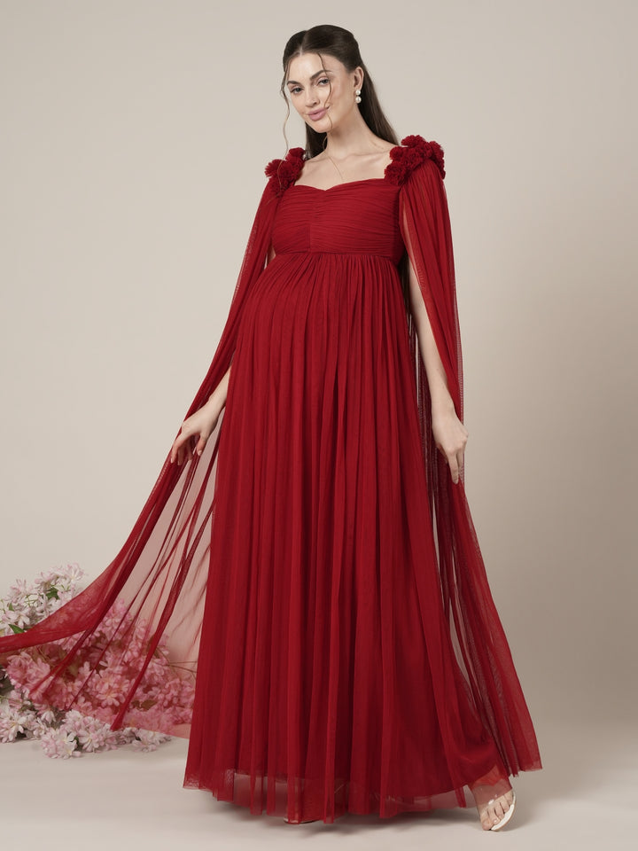 Red Maternity Baby Shower Photoshoot Gown with Cape Sleeves
