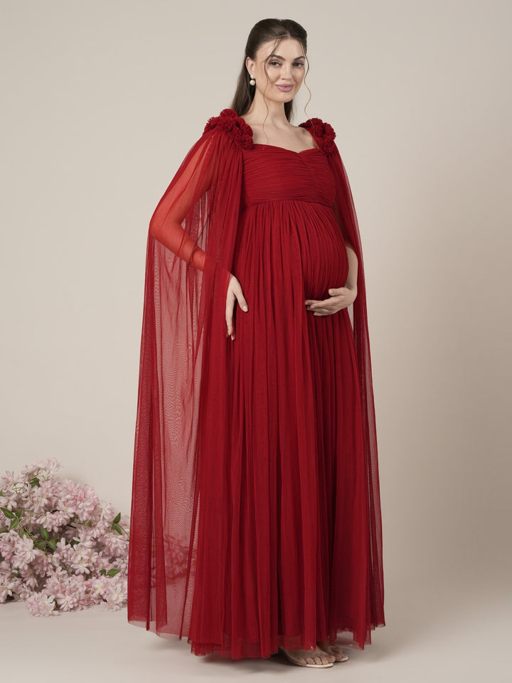 Red Maternity Baby Shower Photoshoot Gown with Cape Sleeves
