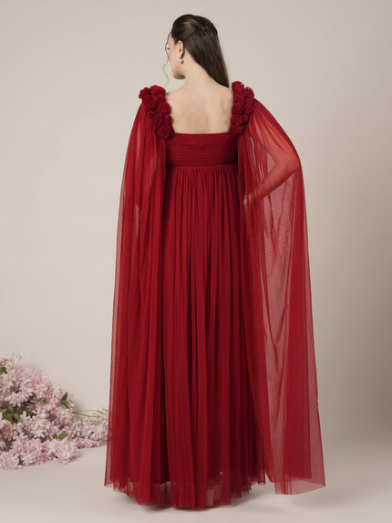 Red Maternity Baby Shower Photoshoot Gown with Cape Sleeves