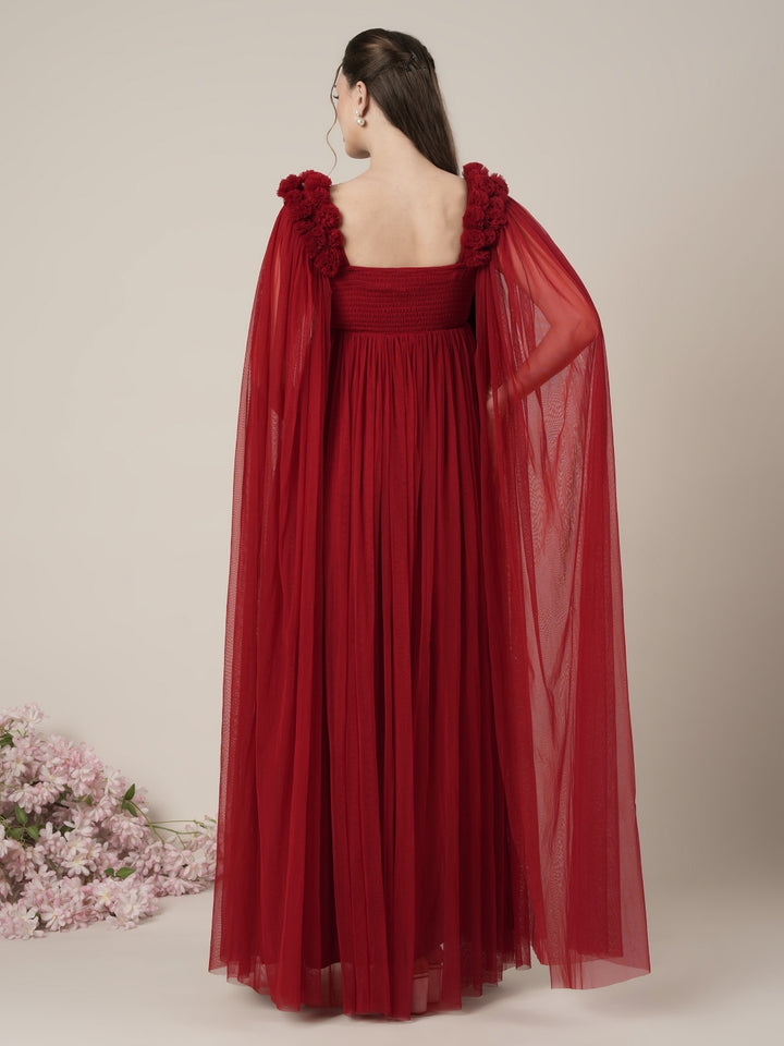 Red Maternity Baby Shower Photoshoot Gown with Cape Sleeves