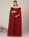 Red Maternity Baby Shower Photoshoot Gown with Cape Sleeves