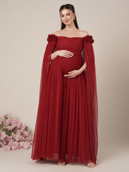 Red Maternity Baby Shower Photoshoot Gown with Cape Sleeves