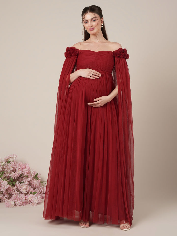 Red Maternity Baby Shower Photoshoot Gown with Cape Sleeves