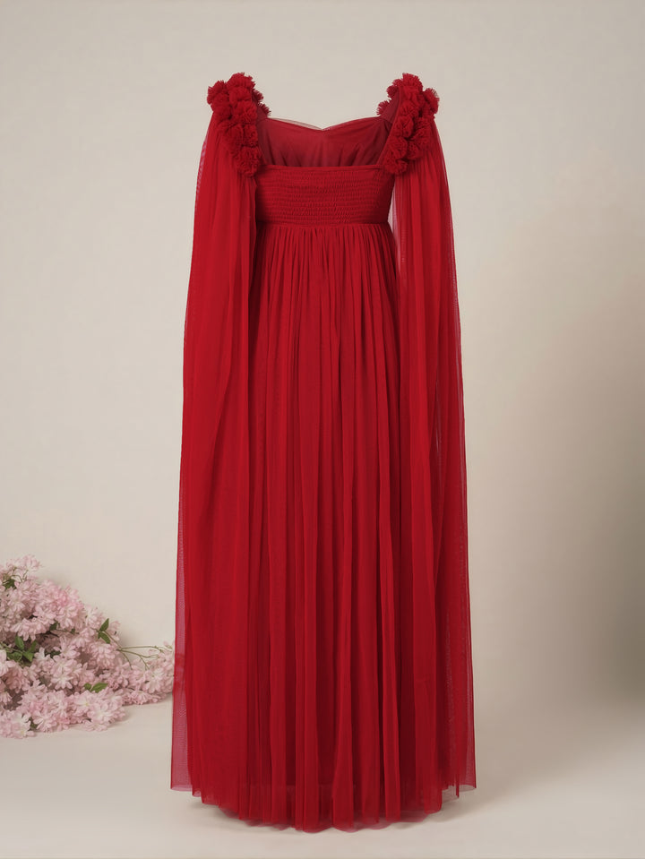 Red Maternity Baby Shower Photoshoot Gown with Cape Sleeves