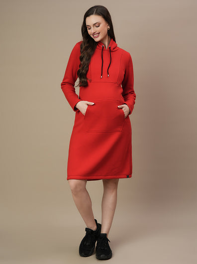 Fleece Hoodie Maternity Winter Dress-Red