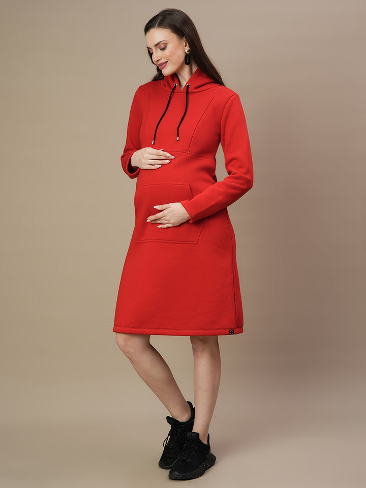 Fleece Hoodie Maternity Winter Dress-Red