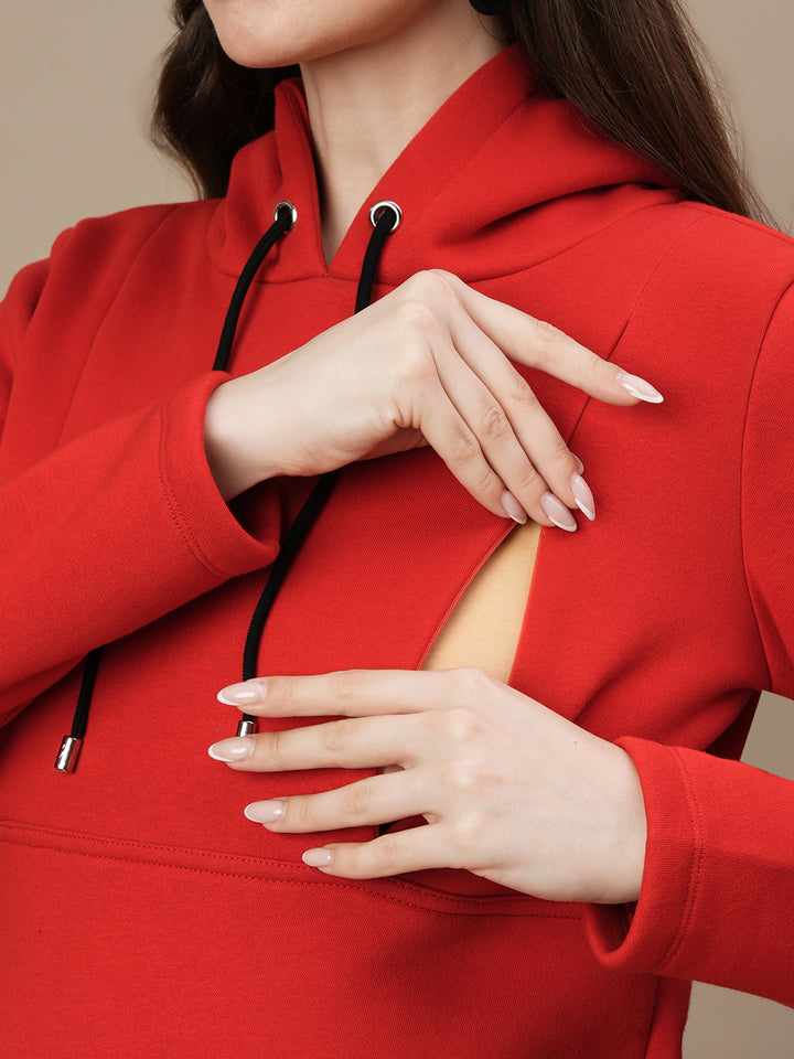 Fleece Hoodie Maternity Winter Dress-Red