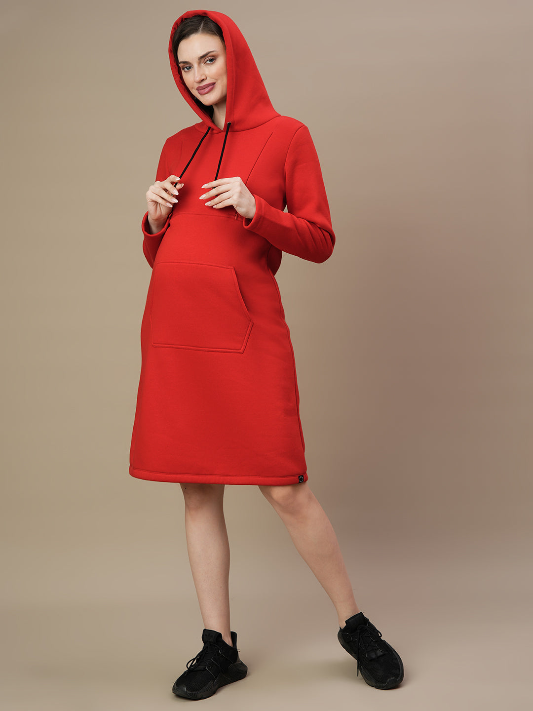 Fleece Hoodie Maternity Winter Dress-Red Fleece Hoodie Maternity Winter Dress-Red