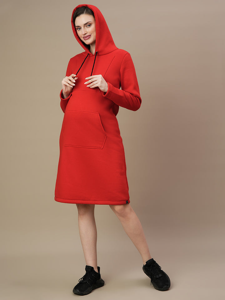 Fleece Hoodie Maternity Winter Dress-Red