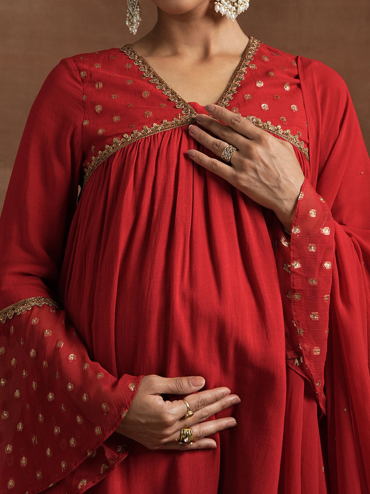 Red Maternity Kurta Set with Embellished Yoke
