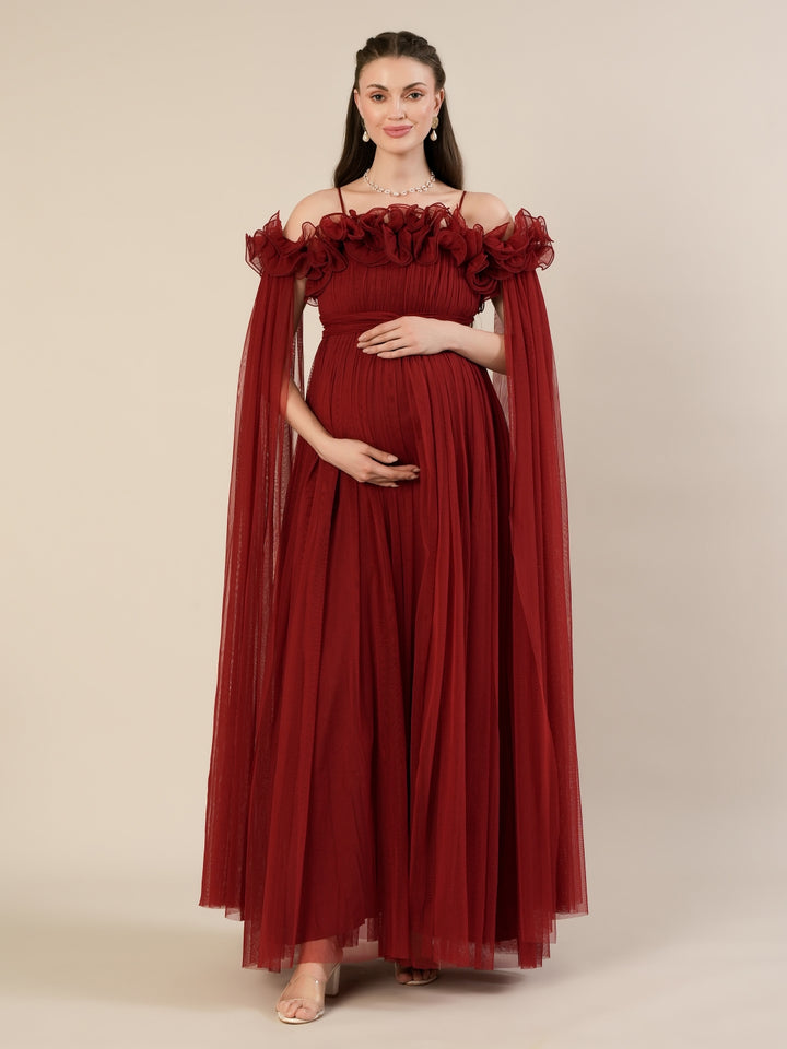 Red Maternity Baby Shower Photoshoot Gown with Detachable Sleeves
