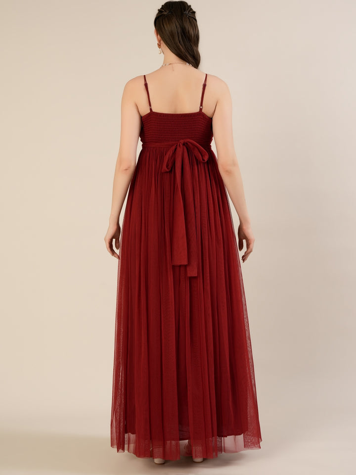 Red Maternity Baby Shower Photoshoot Gown with Detachable Sleeves