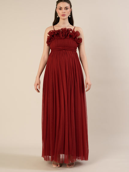 Red Maternity Baby Shower Photoshoot Gown with Detachable Sleeves