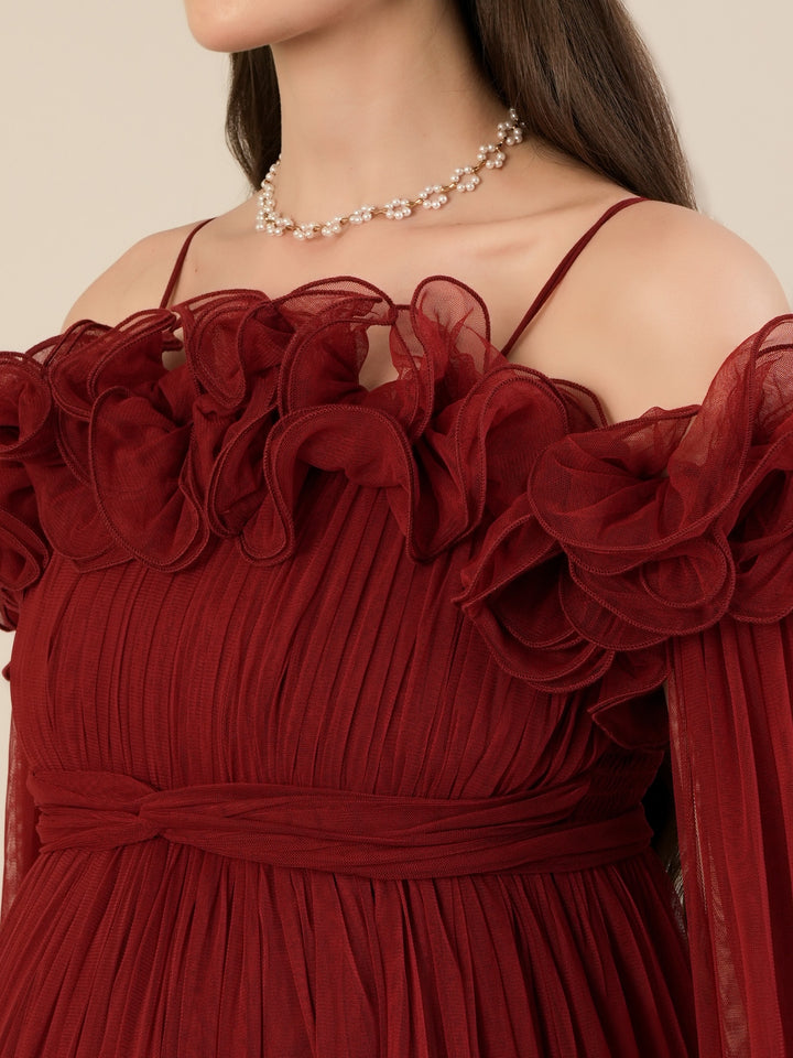 Red Maternity Baby Shower Photoshoot Gown with Detachable Sleeves