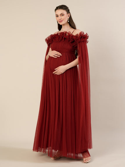 Red Maternity Baby Shower Photoshoot Gown with Detachable Sleeves