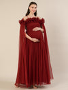 Red Maternity Baby Shower Photoshoot Gown with Detachable Sleeves