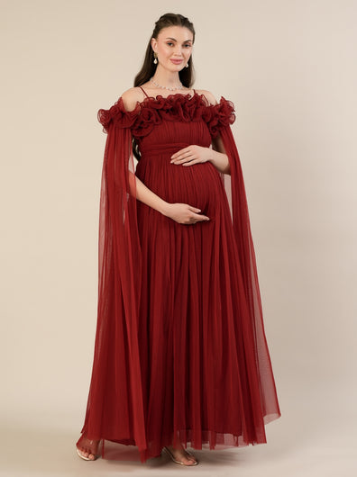 Red Maternity Baby Shower Photoshoot Gown with Detachable Sleeves