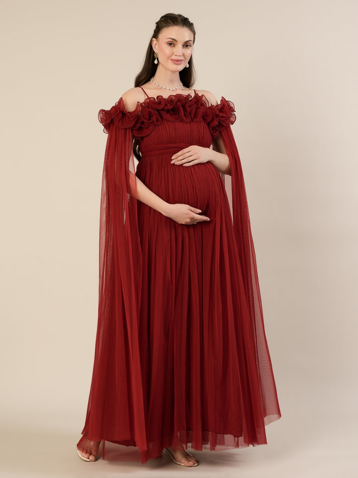 Red Maternity Baby Shower Photoshoot Gown with Detachable Sleeves
