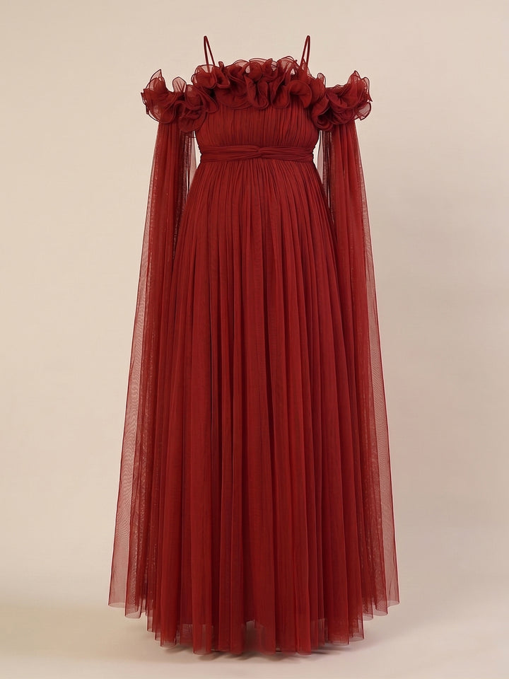 Red Maternity Baby Shower Photoshoot Gown with Detachable Sleeves