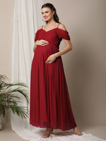 Romantic Tulle Maternity Maxi Dress- Red