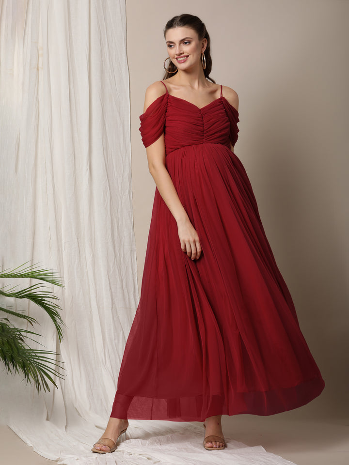 Romantic Tulle Maternity Maxi Dress- Red