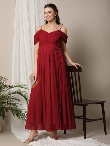 Romantic Tulle Maternity Maxi Dress- Red