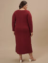 Plus-size woman in back view wearing Red Plus Size Bodycon Maxi Dress with smooth back and straight hem