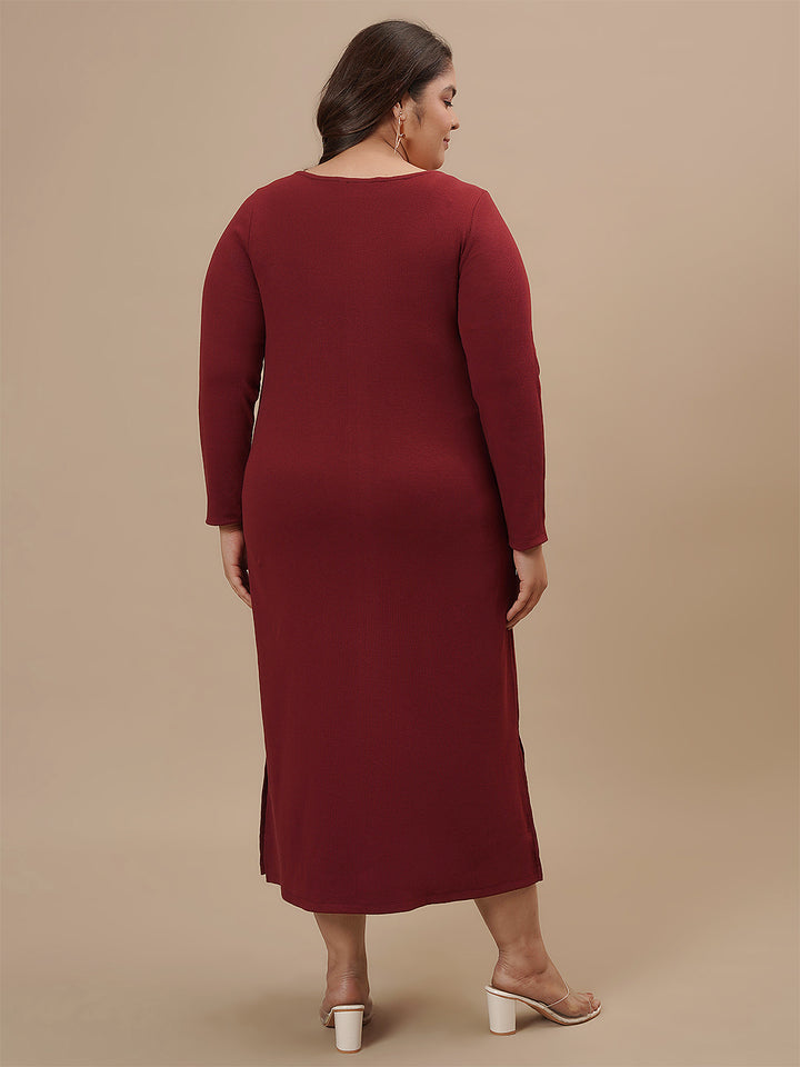 Plus-size woman in back view wearing Red Plus Size Bodycon Maxi Dress with smooth back and straight hem