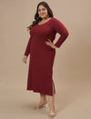 Plus-size woman in front left angle view wearing Red Plus Size Bodycon Maxi Dress with fitted silhouette