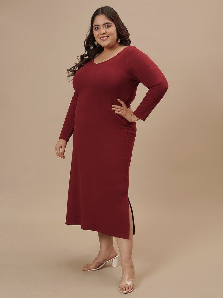 Plus-size woman in front left angle view wearing Red Plus Size Bodycon Maxi Dress with fitted silhouette