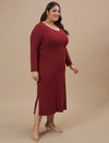 Plus-size woman in front right angle view wearing Red Plus Size Bodycon Maxi Dress with sleeveless cut and slim fit