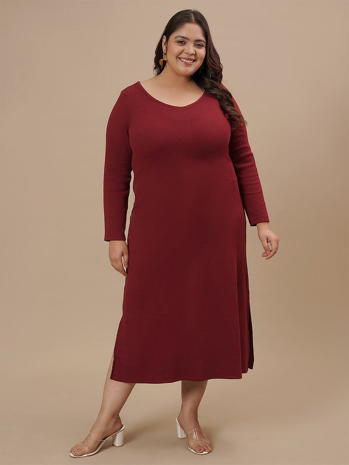 Plus-size woman in front view wearing Red Plus Size Bodycon Maxi Dress with body-hugging design and full length
