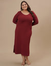 Plus-size woman smiling in front view wearing Red Plus Size Bodycon Maxi Dress with elegant, fitted shape