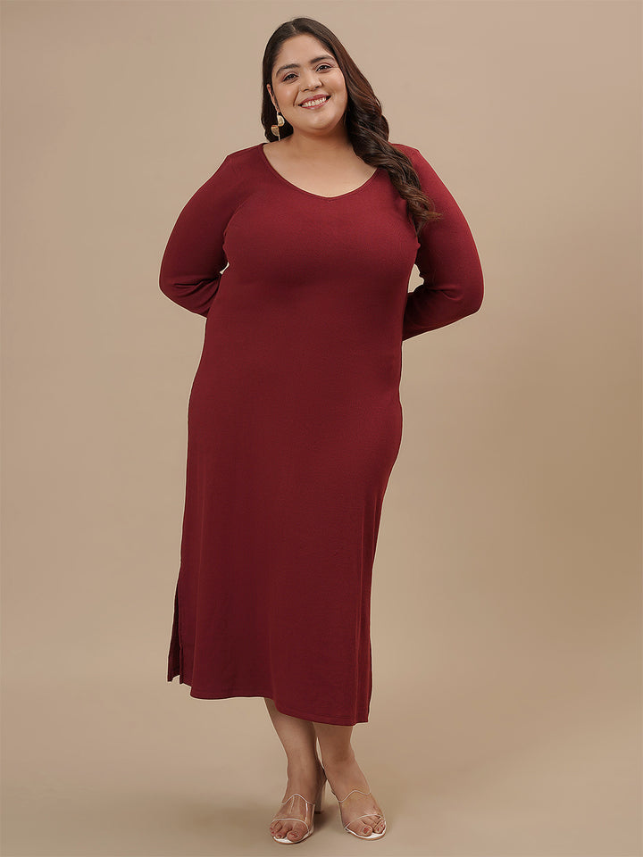 Plus-size woman smiling in front view wearing Red Plus Size Bodycon Maxi Dress with elegant, fitted shape