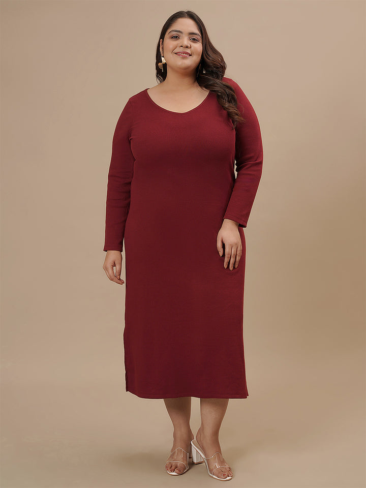 Plus-size woman standing straight wearing Red Plus Size Bodycon Maxi Dress featuring clean lines and maxi length