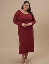 Plus-size woman in front pose wearing Red Plus Size Bodycon Maxi Dress with sleeveless cut and curve-hugging fit