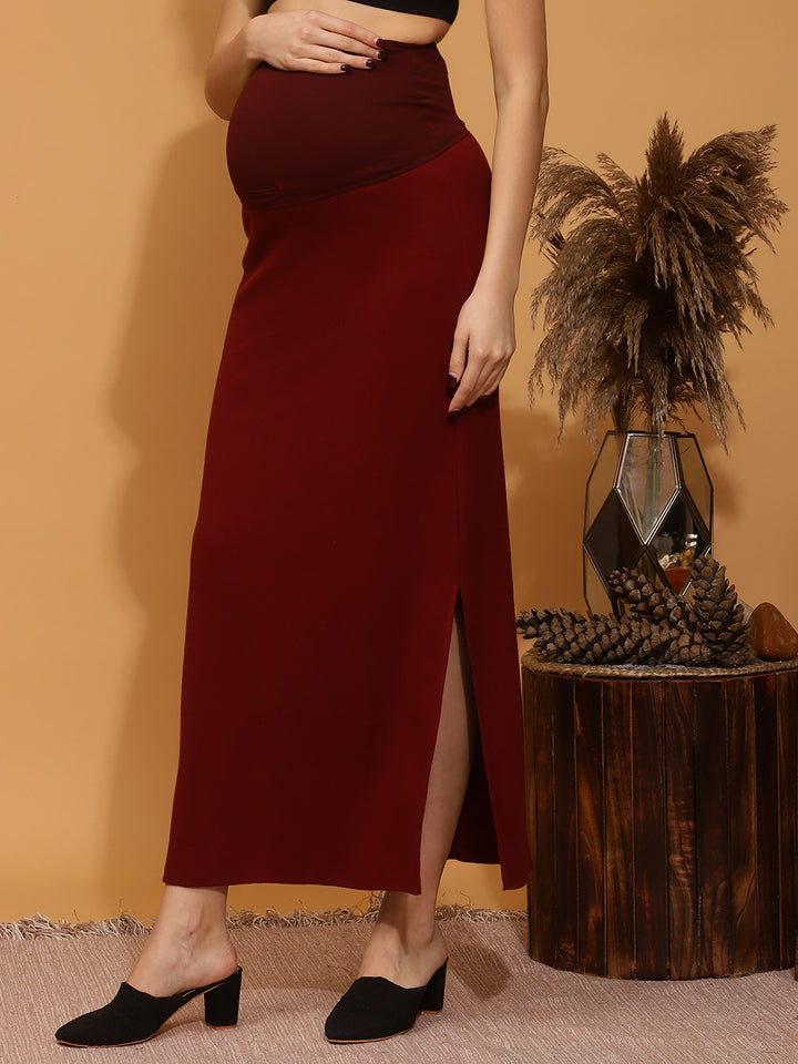 Maternity Rib-knit Long Skirt - Burgundy