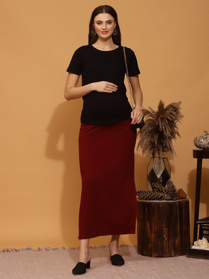 Maternity Rib-knit Long Skirt - Burgundy