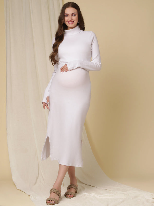 Rib Turtleneck White Maternity Dress