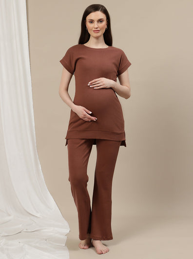 Maternity Rib Co-ord Set- Brown