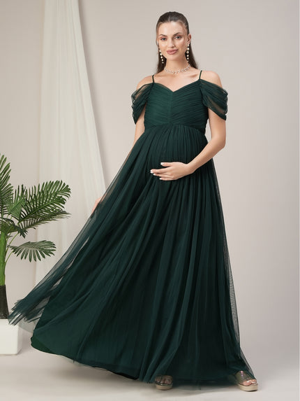 Romantic Tulle Maternity Maxi Dress- Dark Green