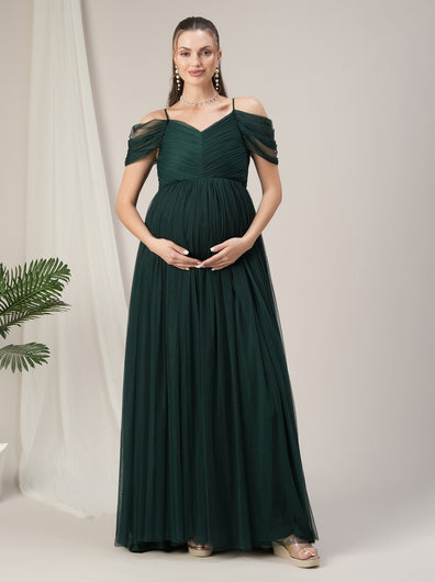 Romantic Tulle Maternity Maxi Dress- Dark Green